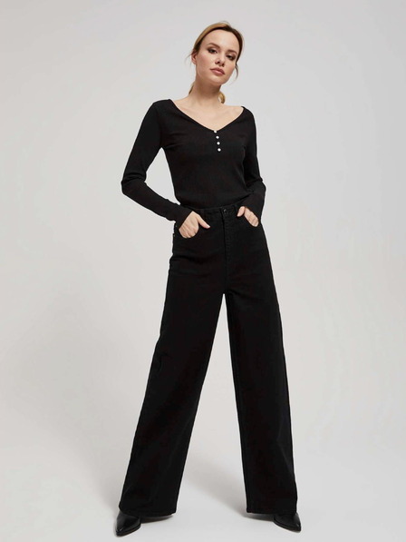 Moodo Crna ženska rebrasta majica s Moodo gumbima