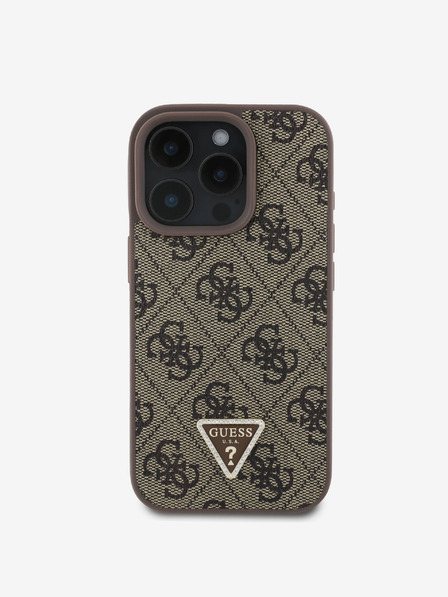 Guess Stražnja maska Guess PU 4G Strass Trokut s metalnim logotipom za iPhone 16 Pro smeđa