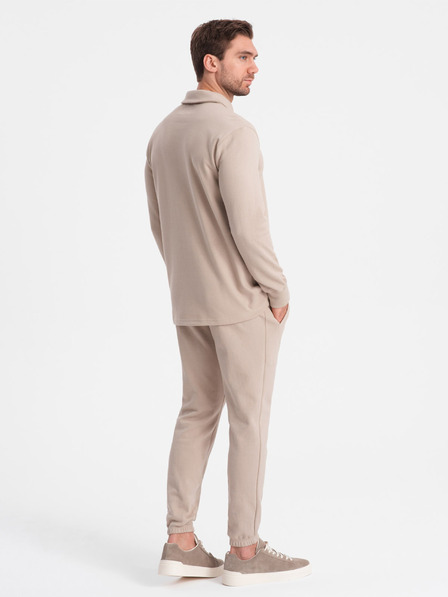 Ombre Clothing Bež muška trenirka, trenirka s polo ovratnikom + hlače Ombre odjeća