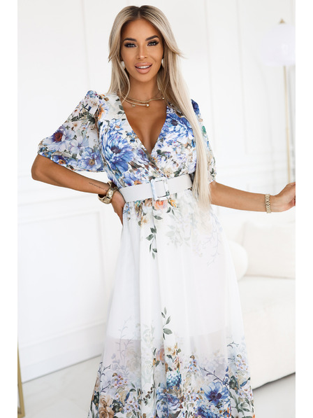 numoco Lagane maxi haljine CELINA s V-izrezom, pojasom i cvjetnim ombré uzorkom