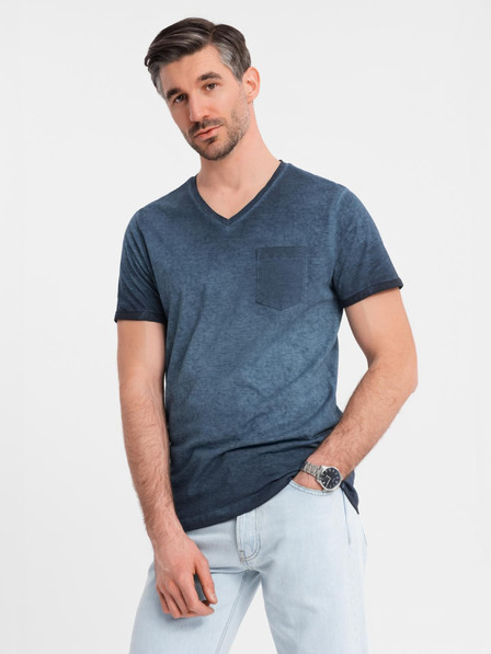 Ombre Clothing Muška pamučna majica s V-izrezom i opranim efektom - tamno plava