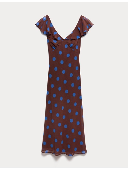 Marks & Spencer Točkasta midi haljina olovnog kroja, s voljanim rukavima, s V izrezom Marks & Spencer smeđa
