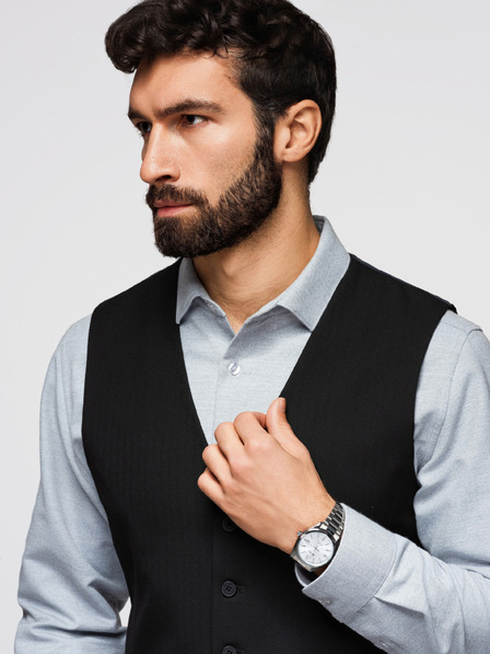 Ombre Clothing Klasični muški elegantni prsluk s ribljom kostkom, kroj SLIM FIT – V3, crni V65 Ombre Clothing