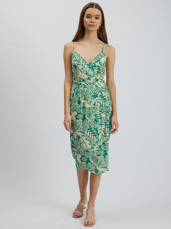 Orsay Krem zelena ženska lanena midi haljina s uzorkom ORSAY