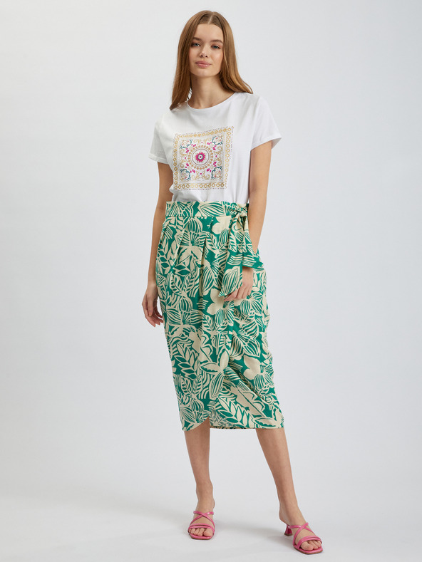 Orsay Krem-zelena ženska suknja na preklop srednje duljine s uzorkom i