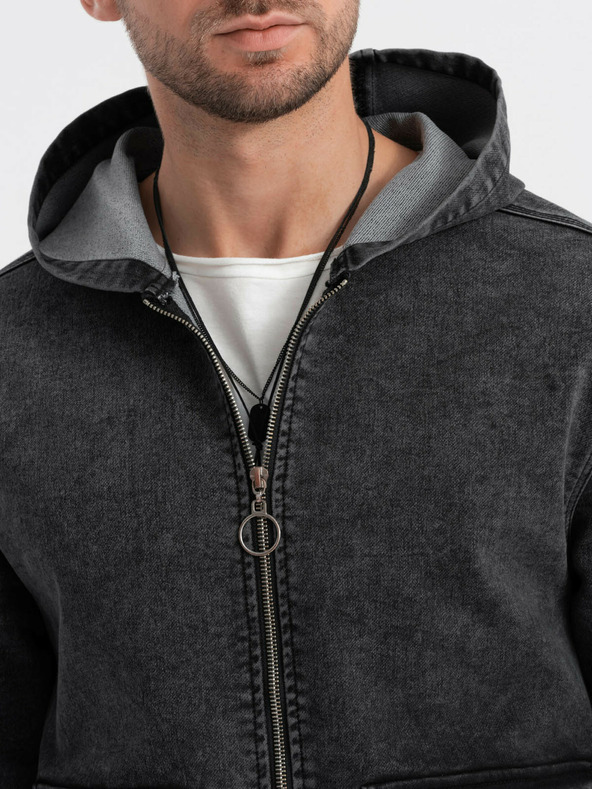 Ombre Clothing Crna muška traper jakna s kapuljačom Ombre odjeća