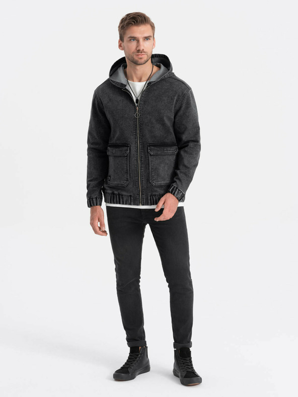 Ombre Clothing Crna muška traper jakna s kapuljačom Ombre odjeća