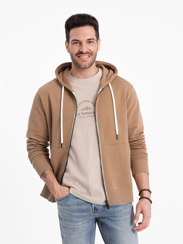 Ombre Clothing Smeđa muška osnovna majica s kapuljačom na patentni zatvarač Ombre Clothing