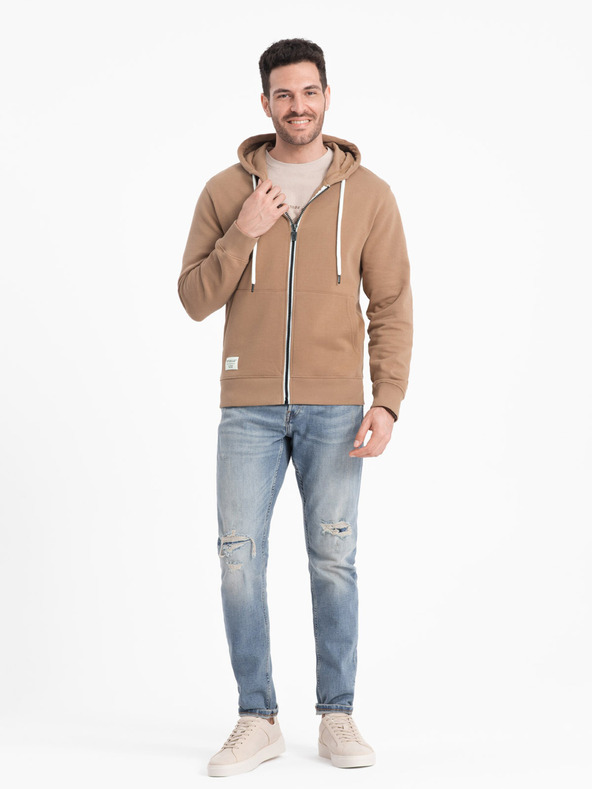Ombre Clothing Smeđa muška osnovna majica s kapuljačom na patentni zatvarač Ombre Clothing