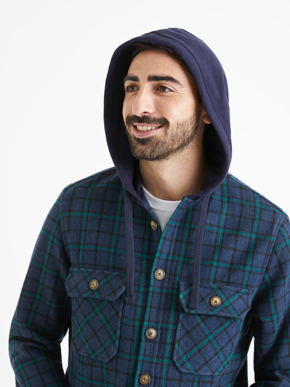 Celio Celio Valines zelena i plava muška kockasta košulja s kapuljačom