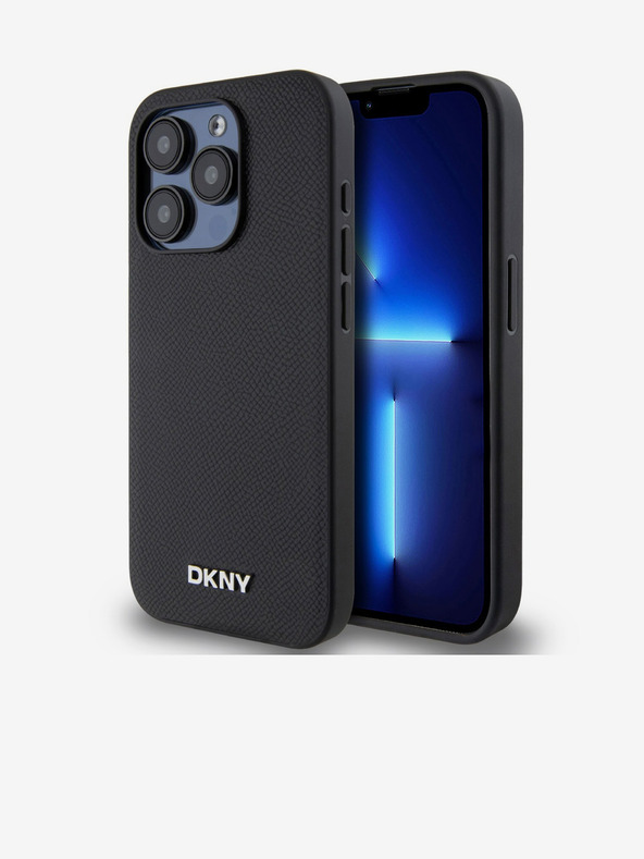 DKNY PU kožna srebrna metalna stražnja maska ​​Magsafe s logotipom za iPhone 15 Pro crna DKNY