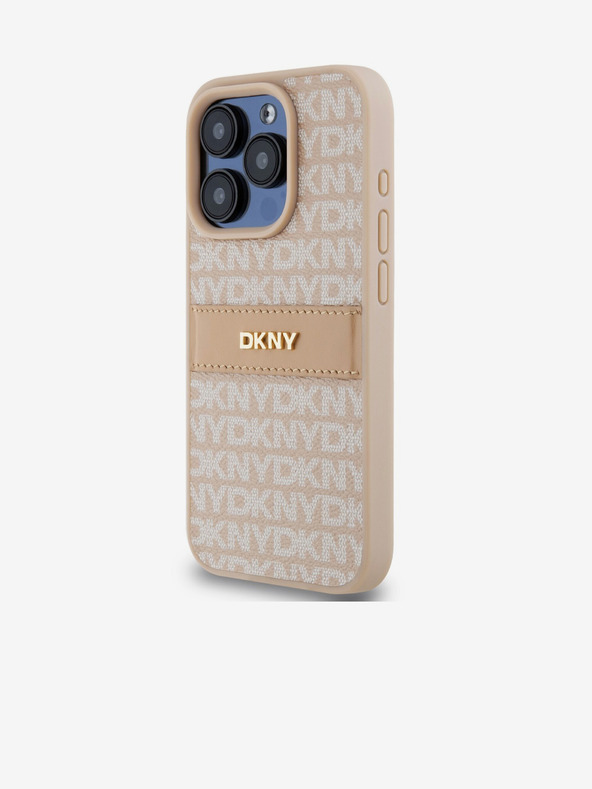 DKNY PU kožna stražnja maska ​​s ponavljajućim uzorkom u tonskim prugama za iPhone 15 Pro, ružičasta DKNY