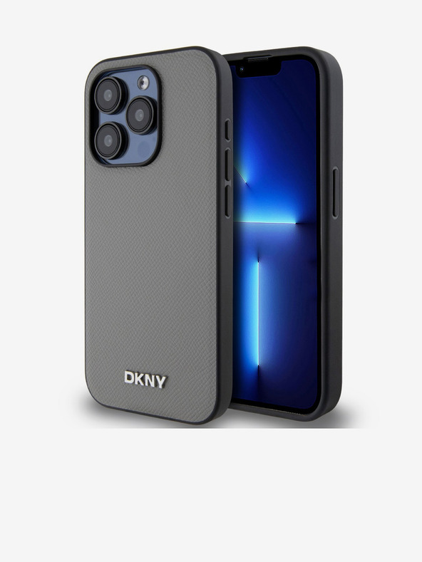 DKNY PU kožna srebrna metalna stražnja maska ​​Magsafe s logotipom za iPhone 15 Pro siva DKNY