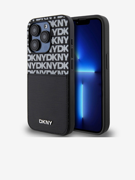 DKNY PU kožna stražnja maska ​​s džepom za karticu s ponavljajućim uzorkom za iPhone 15 Pro crna DKNY