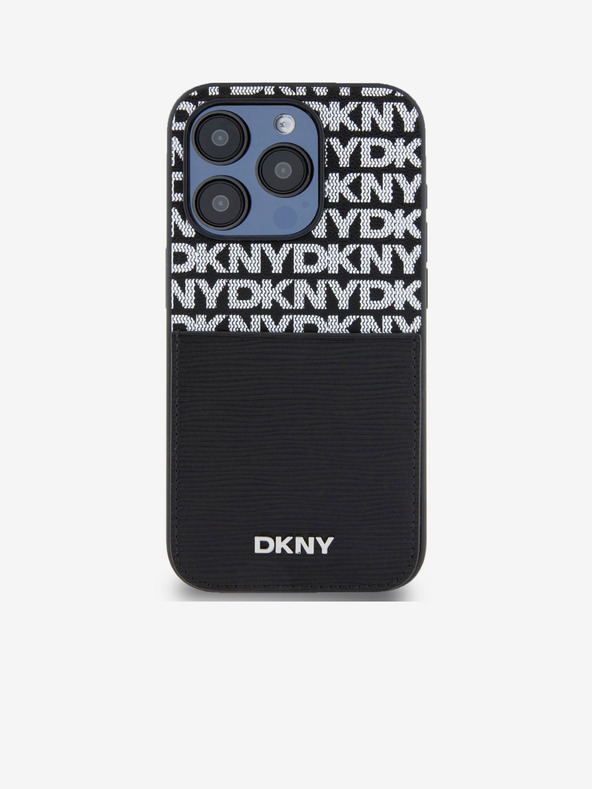 DKNY PU kožna stražnja maska ​​s džepom za karticu s ponavljajućim uzorkom za iPhone 15 Pro crna DKNY