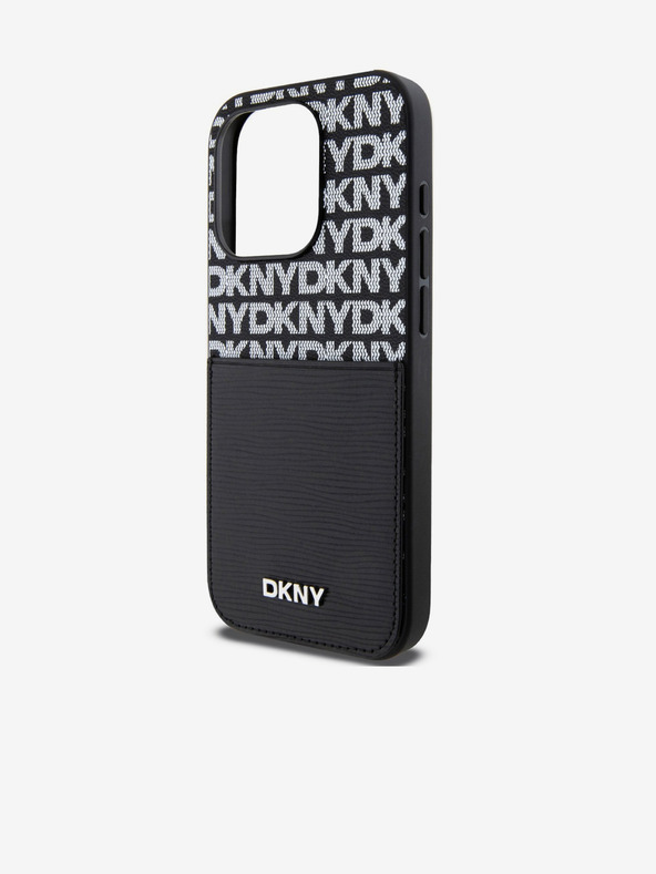 DKNY PU kožna stražnja maska ​​s džepom za karticu s ponavljajućim uzorkom za iPhone 15 Pro crna DKNY