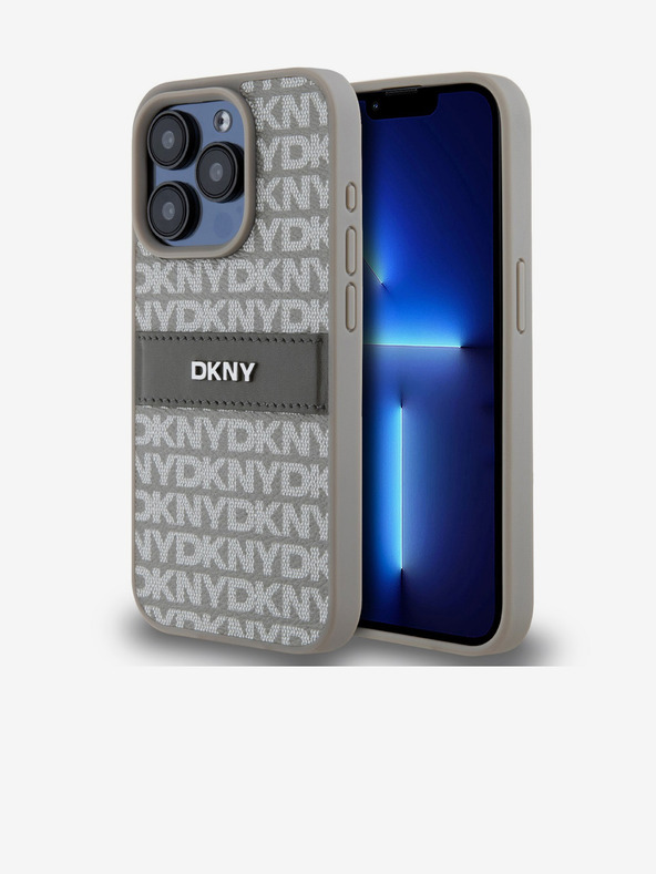 DKNY PU kožna stražnja maska ​​s ponavljajućim uzorkom u tonskim prugama za iPhone 15 Pro bež DKNY
