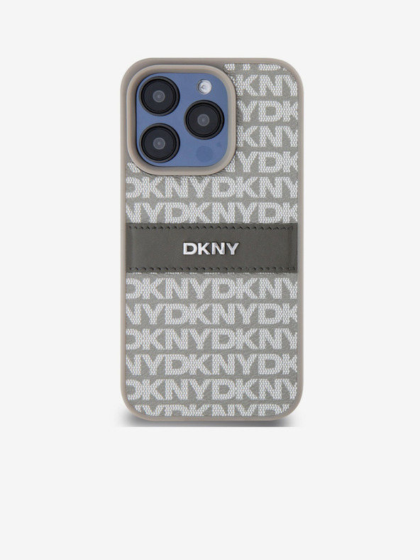 DKNY PU kožna stražnja maska ​​s ponavljajućim uzorkom u tonskim prugama za iPhone 15 Pro bež DKNY