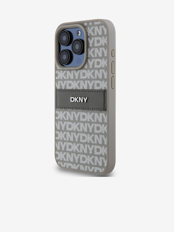 DKNY PU kožna stražnja maska ​​s ponavljajućim uzorkom u tonskim prugama za iPhone 15 Pro bež DKNY