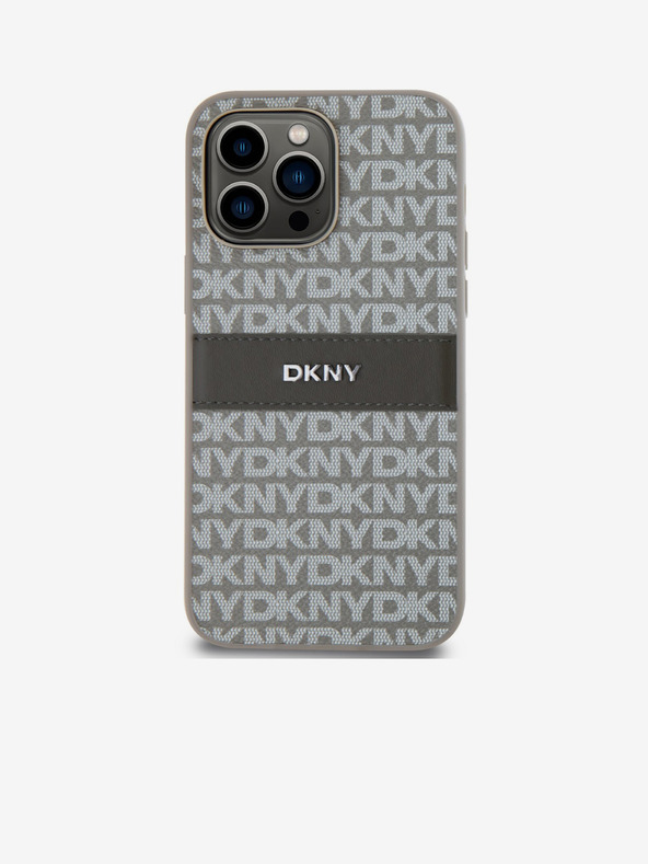 DKNY PU kožna stražnja maska ​​s ponavljajućim uzorkom u tonskim prugama za iPhone 15 Pro Max bež DKNY