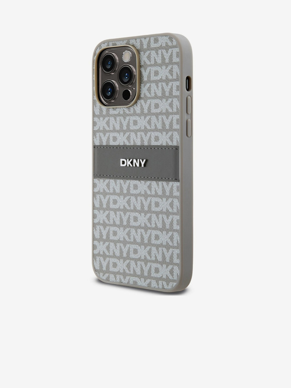 DKNY PU kožna stražnja maska ​​s ponavljajućim uzorkom u tonskim prugama za iPhone 15 Pro Max bež DKNY