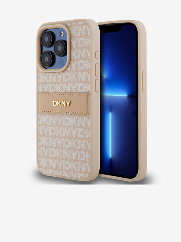 DKNY PU kožna stražnja maska ​​s ponavljajućim uzorkom u tonskim prugama za iPhone 15 Pro Max, ružičasta DKNY