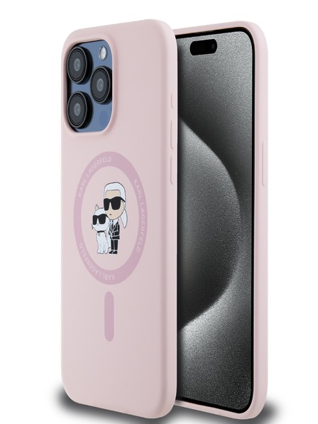 Karl Lagerfeld Tekući silikon Karl i Choupette Magsafe stražnja maska ​​za iPhone 15 Pro Pink Karl Lagerfeld