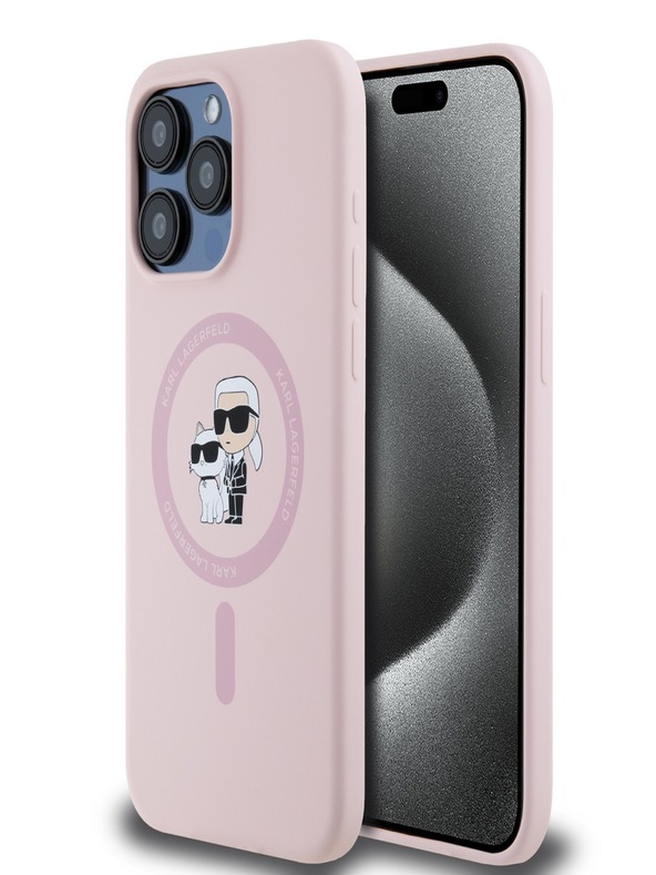 Karl Lagerfeld Tekući silikon Karl i Choupette Magsafe stražnja maska ​​za iPhone 15 Pro Pink Karl Lagerfeld