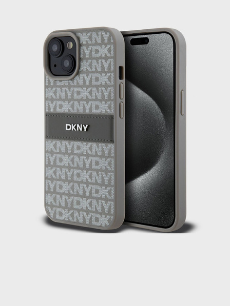 DKNY PU kožna stražnja maska ​​s ponavljajućim uzorkom u tonskim prugama za iPhone 15 bež DKNY