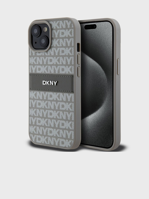DKNY PU kožna stražnja maska ​​s ponavljajućim uzorkom u tonskim prugama za iPhone 15 bež DKNY