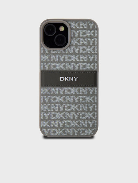 DKNY PU kožna stražnja maska ​​s ponavljajućim uzorkom u tonskim prugama za iPhone 15 bež DKNY