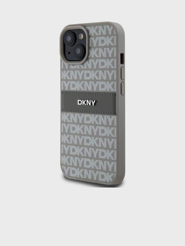 DKNY PU kožna stražnja maska ​​s ponavljajućim uzorkom u tonskim prugama za iPhone 15 bež DKNY