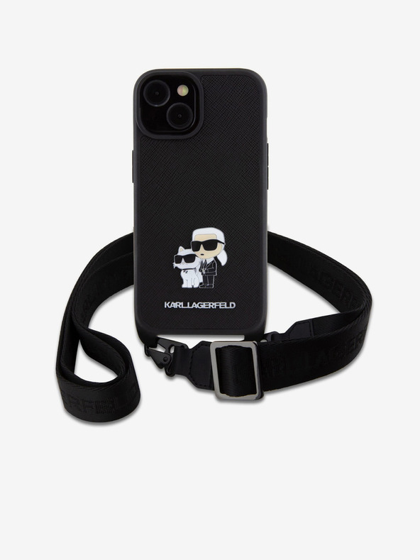 Karl Lagerfeld Metalna stražnja maska ​​Karl Lagerfeld Saffiano Crossbody Strap Karl and Choupette za iPhone 15 crna