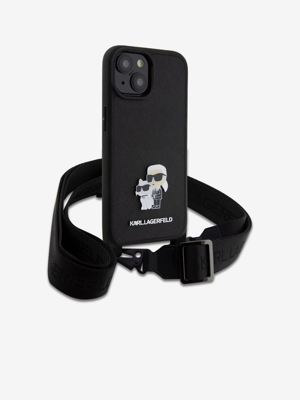 Karl Lagerfeld Metalna stražnja maska ​​Karl Lagerfeld Saffiano Crossbody Strap Karl and Choupette za iPhone 15 crna