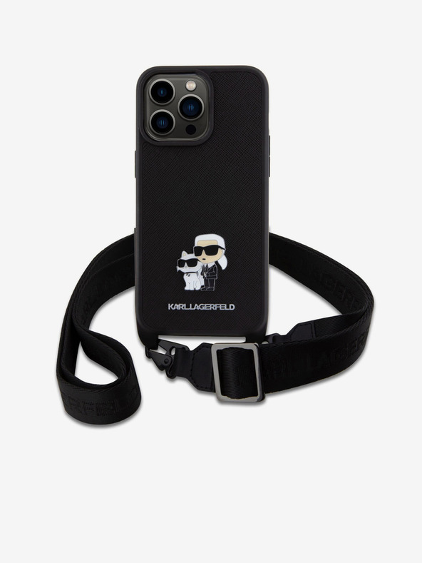 Karl Lagerfeld Metalna stražnja maska ​​Saffiano Crossbody Strap Karl and Choupette za iPhone 15 Pro Max crna Karl Lagerfeld