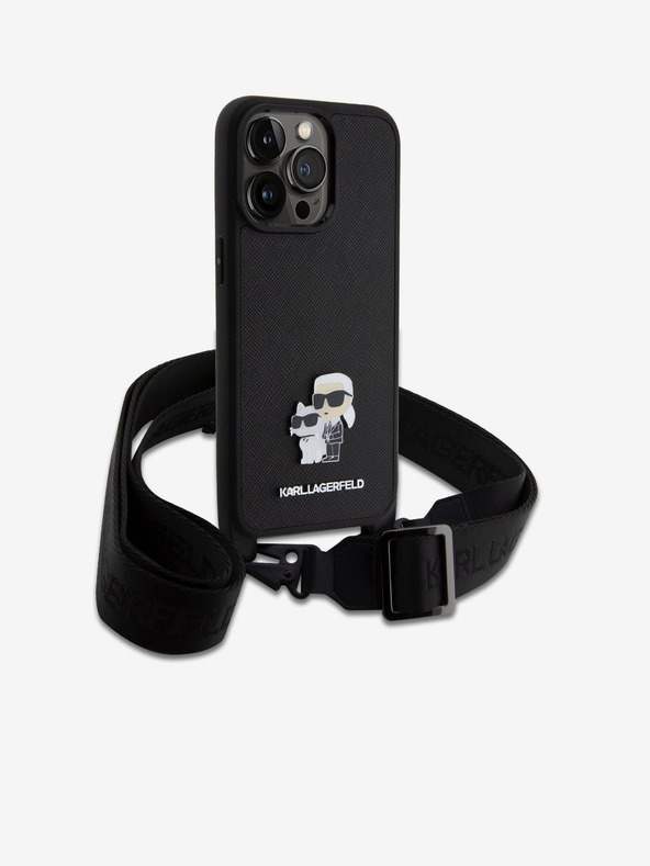 Karl Lagerfeld Metalna stražnja maska ​​Saffiano Crossbody Strap Karl and Choupette za iPhone 15 Pro Max crna Karl Lagerfeld