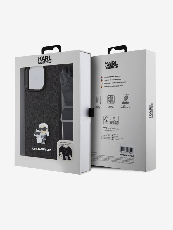 Karl Lagerfeld Metalna stražnja maska ​​Saffiano Crossbody Strap Karl and Choupette za iPhone 15 Pro Max crna Karl Lagerfeld