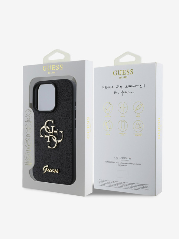 Guess Stražnja maska ​​Guess PU s fiksnim svjetlucavim 4G metalnim logotipom za iPhone 16 Pro Max crna