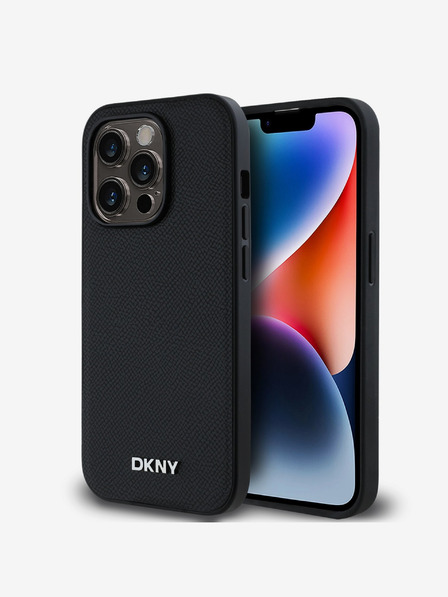 DKNY PU kožna srebrna metalna stražnja maska ​​Magsafe s logotipom za iPhone 14 Pro Max crna DKNY