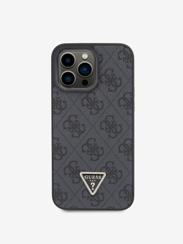 Guess PU 4G Strass Triangle Metal Logo Zadní Kryt pro iPhone 15 Pro Max Black Etui za telefon