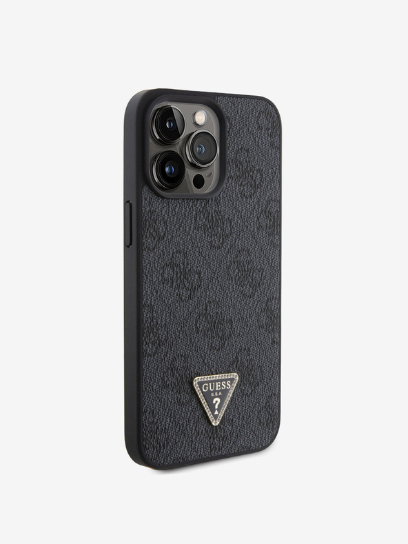 Guess PU 4G Strass Triangle Metal Logo Zadní Kryt pro iPhone 15 Pro Max Black Etui za telefon