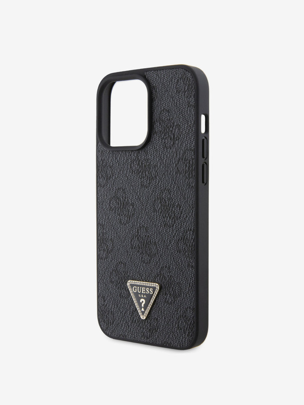 Guess PU 4G Strass Triangle Metal Logo Zadní Kryt pro iPhone 15 Pro Max Black Etui za telefon
