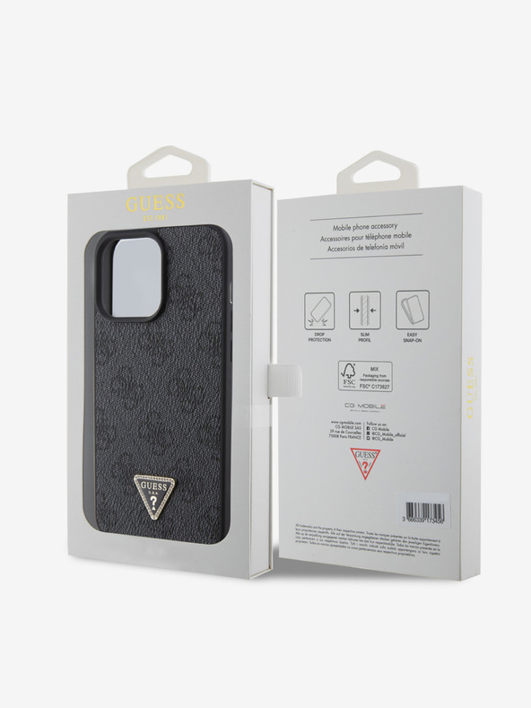 Guess PU 4G Strass Triangle Metal Logo Zadní Kryt pro iPhone 15 Pro Max Black Etui za telefon