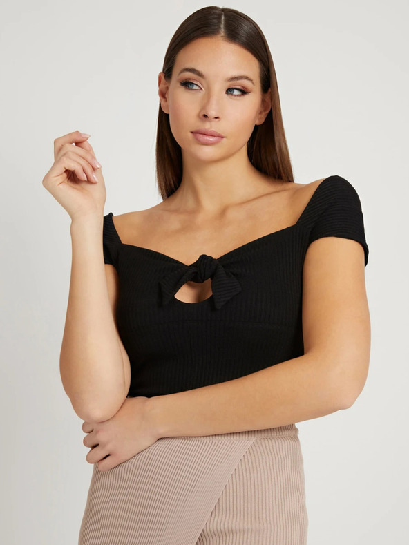 Guess Crna ženska rebrasta skraćena majica s mašnom Guess Valeriana