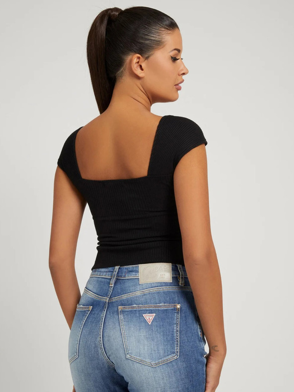 Guess Crna ženska rebrasta skraćena majica s mašnom Guess Valeriana