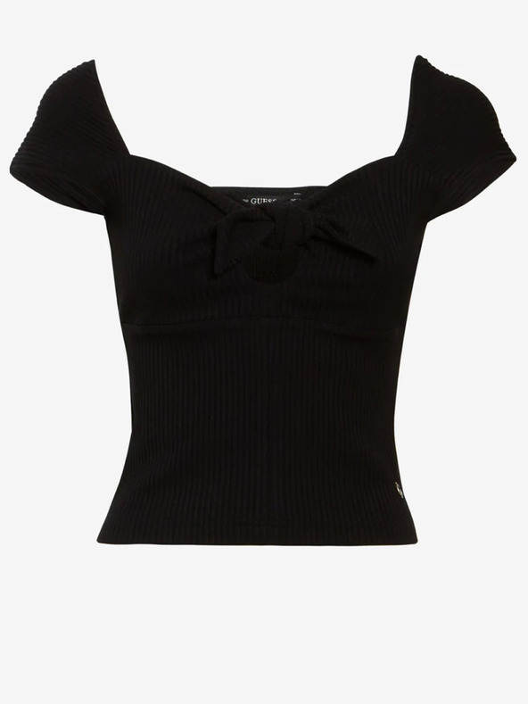 Guess Crna ženska rebrasta skraćena majica s mašnom Guess Valeriana