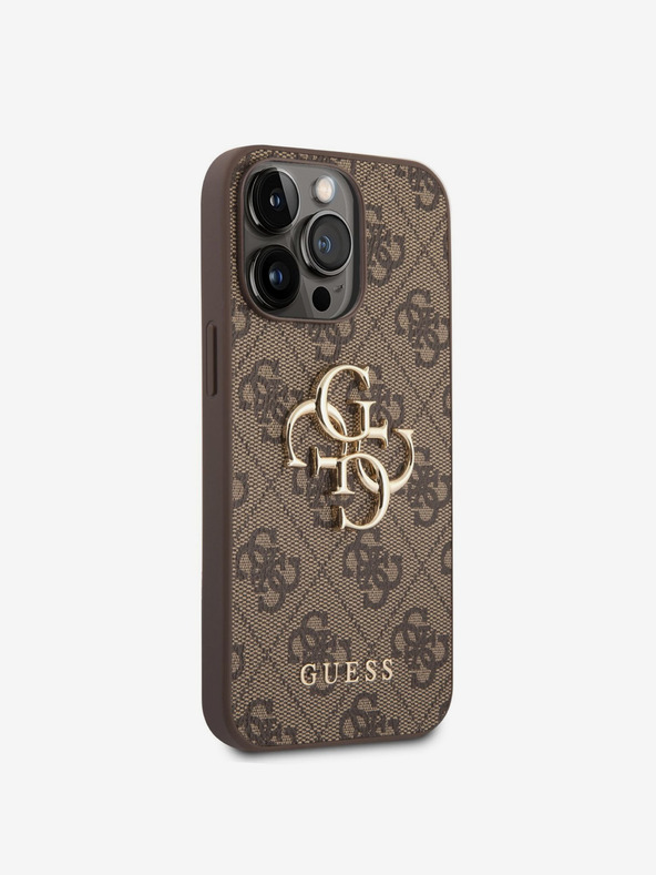 Guess PU 4G Metal Logo Zadní Kryt pro iPhone 14 Pro Max Brown Etui za telefon