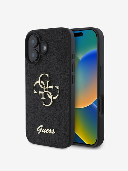 Guess Guess stražnja maska ​​s PU fiksnim svjetlucavim 4G metalnim logotipom za iPhone 16 crna