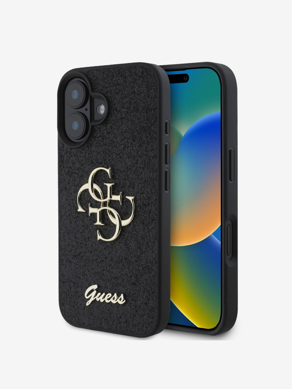 Guess Guess stražnja maska ​​s PU fiksnim svjetlucavim 4G metalnim logotipom za iPhone 16 crna