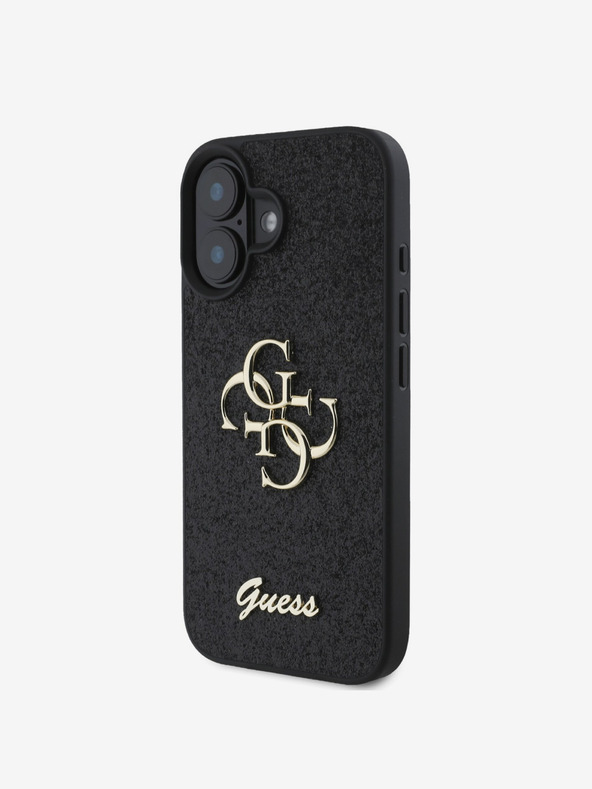 Guess Guess stražnja maska ​​s PU fiksnim svjetlucavim 4G metalnim logotipom za iPhone 16 crna